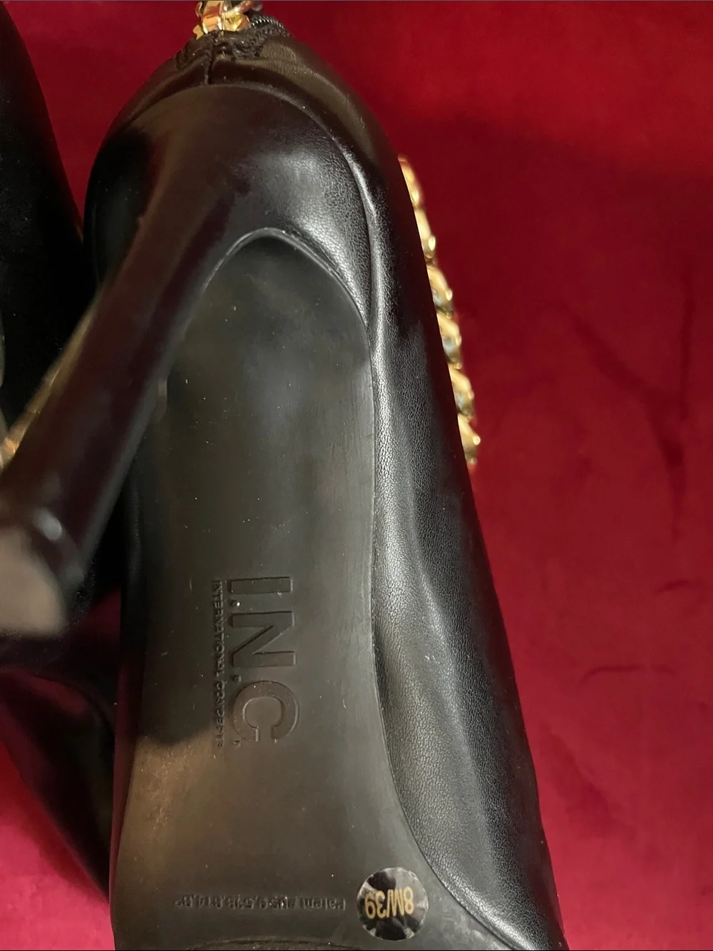 INC International Concepts Black Pointed Ankle Boots with Gold Chain Accent